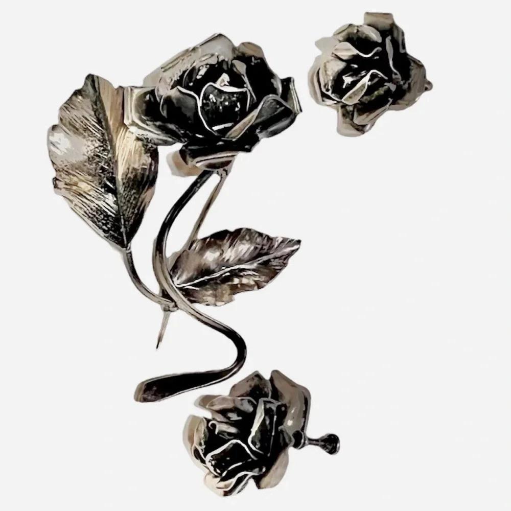 Sterling Silver Rose Brooch 3.5” 3-Pc Set Whimsigoth Wednesday Deco Pin Vintage